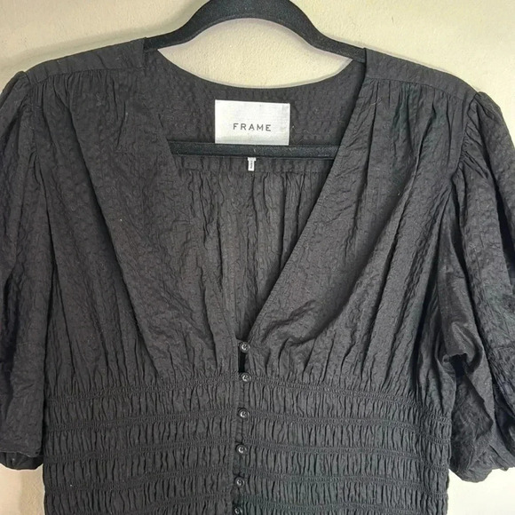 Frame Black Smocked Puff Sleeve Mini Dress Size Large - Picture 5 of 10